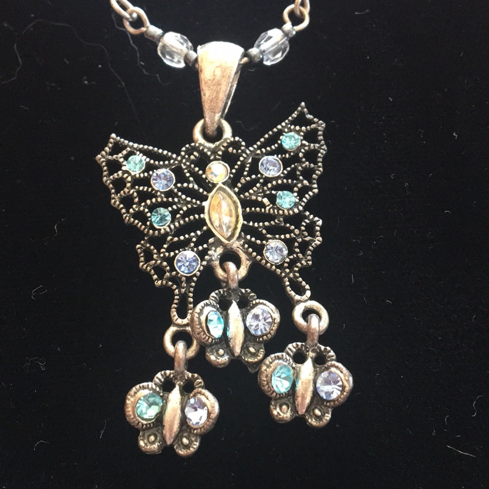 Silver Butterfly pendant w colored stones 15-18”
